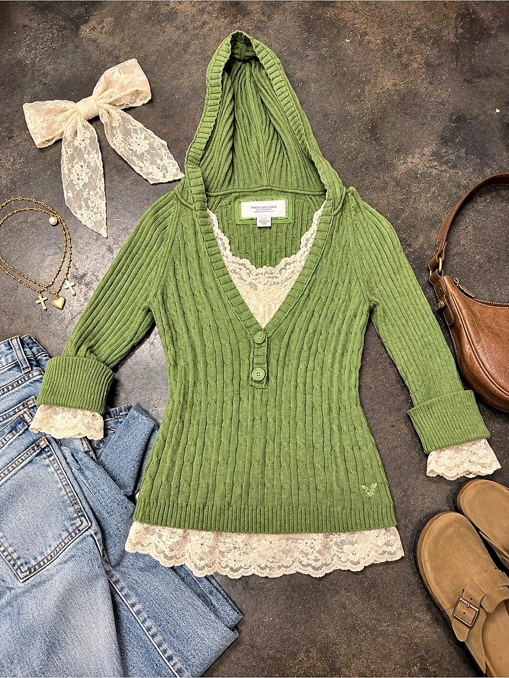 American Eagle Outfitters Green Hooded Cardigan with Lace Trim